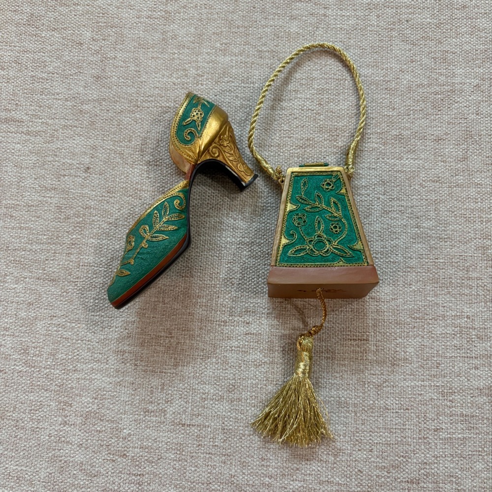 Just The Right Shoe Raine Carved Heel Figurine and Handbag Set Teal Gold 25096